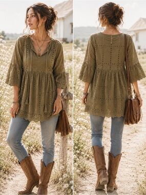 Country Living Olive Cottagecore boho chic Shirt Tunic Relaxed Top Size Small